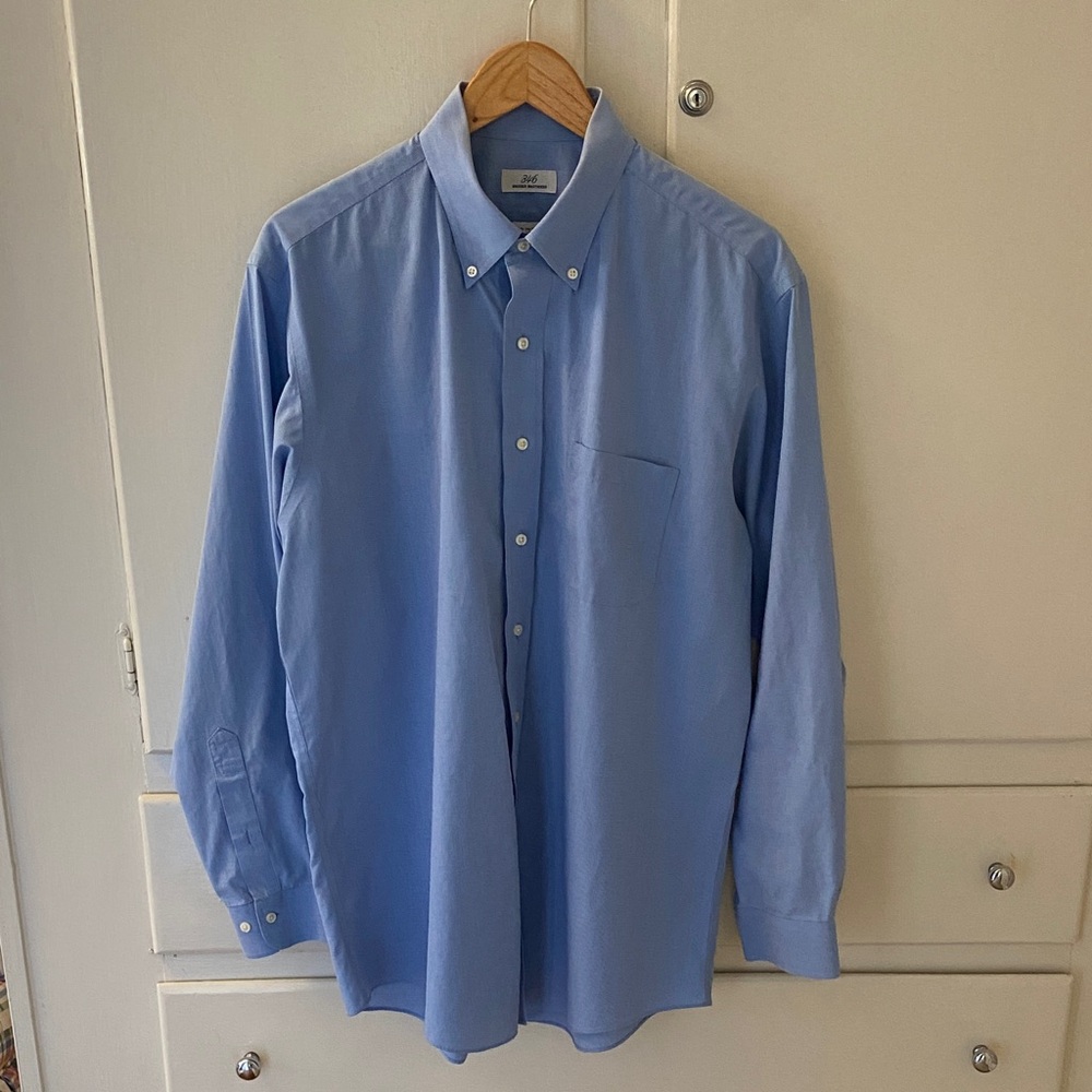 Brooks Brothers 346 Blue White Plaid Check Button Down Non Iron Shirt 16.5/34-35